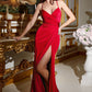 Stretch Satin Wrap Bodice Slit Gown with Lace Up Back By Ladivine BD4002 - Women Evening Formal Gown - Special Occasion