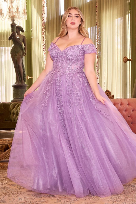 Off The Shoulder Tulle A-Line Gown by Cinderella Divine C154C - Curves