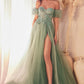 Off The Shoulder Strapless Floral Ballgown with Puff Sleeves by Cinderella Divine CB080 - Special Occasion