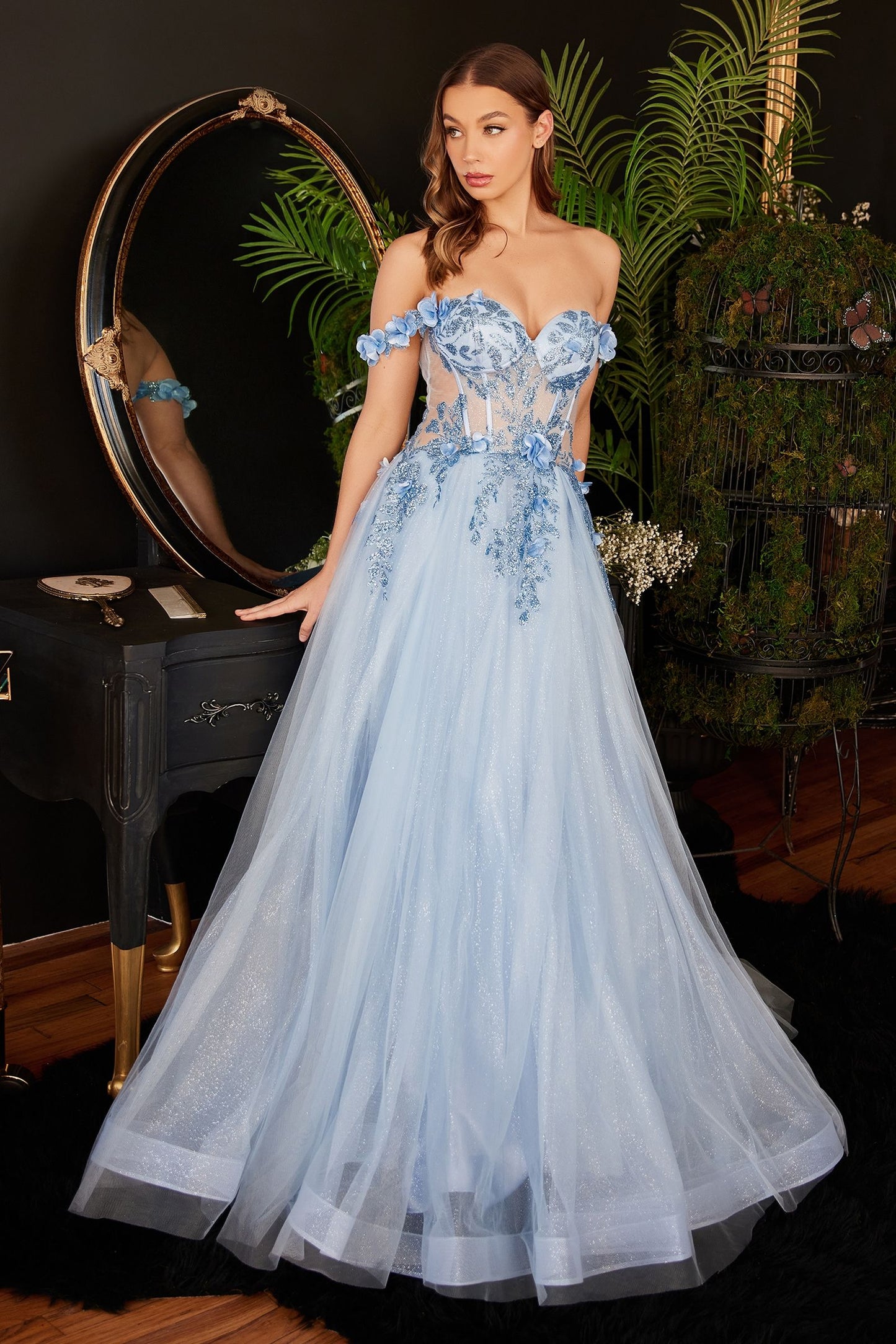 Ladivine 9315 Size 10 Light Blue Long Layered Tulle Ballgown Sheer Lace  Corset Prom Dress off the shoulder