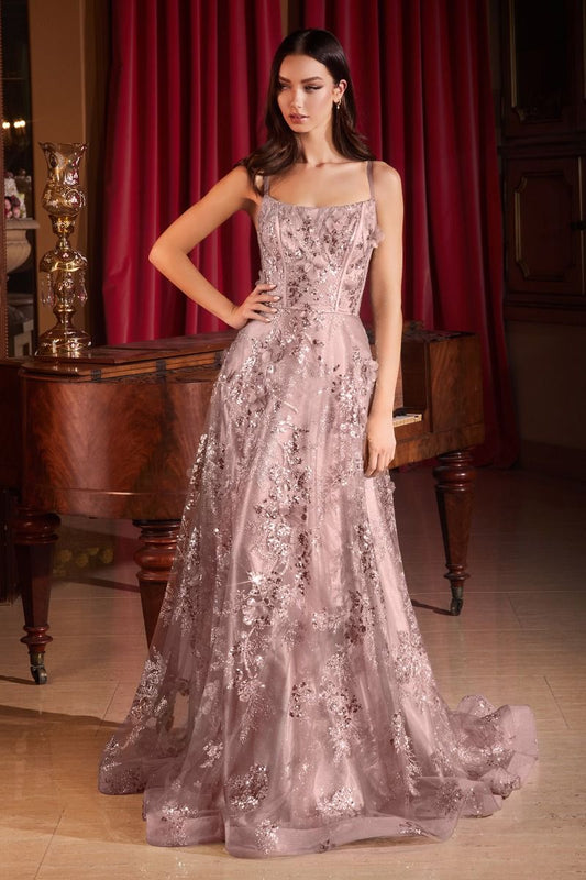 Sequin Floral Printed A-Line Gown by Cinderella Divine CB144 - Special Occasion