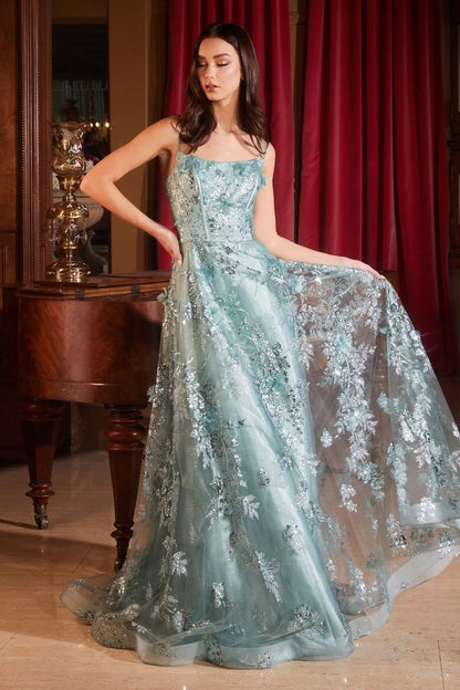 Sequin Floral Printed A-Line Gown by Cinderella Divine CB144 - Special Occasion