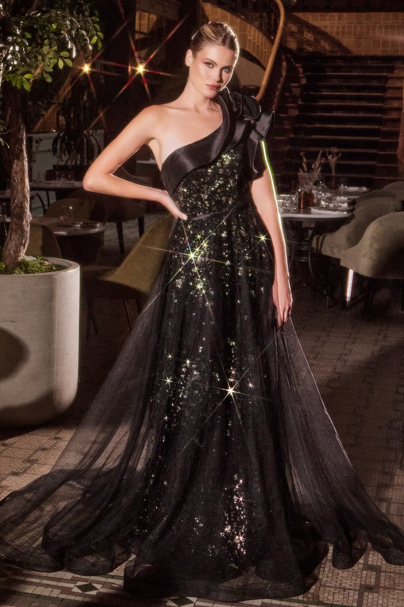 One Shoulder Layered Tulle Gown By Ladivine CB157 - Women Evening Formal Gown - Special Occasion/Curves