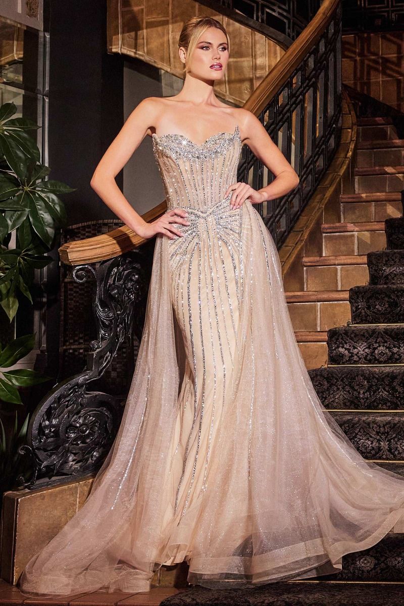 Strapless Crystal Layered Tulle Gown By Ladivine CB158 - Women Evening Formal Gown