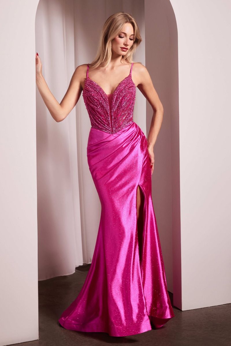 Glitter Deep V-Neckline Leg Slit Gown By Ladivine CC0238 - Women Evening Formal Gown - Special Occasion