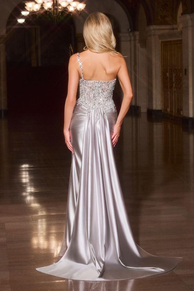 Asymmetrical Neckline Leg Slit Gown By Ladivine CC0329 - Women Evening Formal Gown - Special Occasion