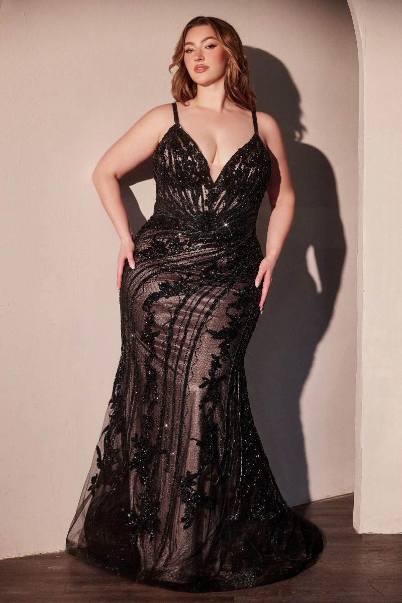 Embellished Plunging Neckline Tulle Gown By Ladivine CC0389C - Women Evening Formal Gown - Curves