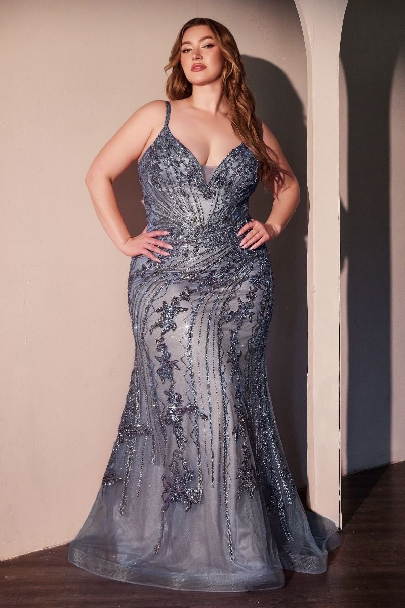 Embellished Plunging Neckline Tulle Gown By Ladivine CC0389C - Women Evening Formal Gown - Curves