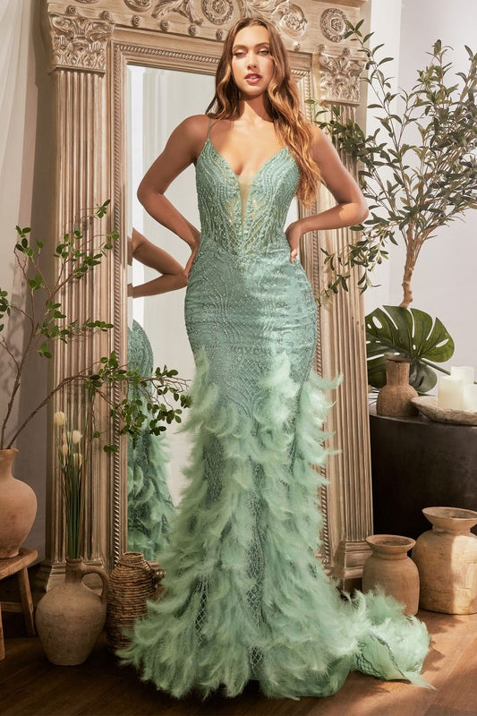 Glitter Feather Mermaid Gown by Cinderella Divine CC1608 - Special Occasion/Curves