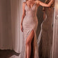 Fitted Glitter V-Neckline Leg Slit Gown by Cinderella Divine CC2167 - Special Occasion