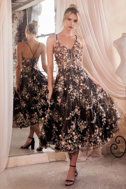 3D Floral V-Neckline Tea Length Dress by Cinderella Divine CC2261 - Special Occasion