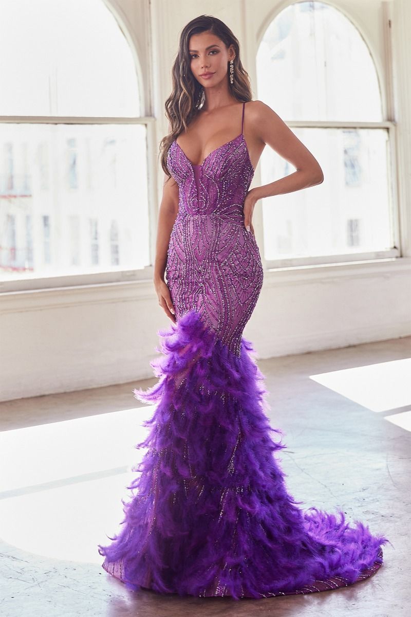 Fully Embellished & Feather Mermaid Gown by Cinderella Divine CC2308