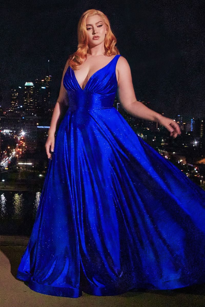 Glitter Satin V-Neck A-Line Gown by Cinderella Divine CC2349C - Curves 18 / Royal Glitter Satin V-Neck A-Line Gown by Cinderella Divine CC2349C - Curves 18 / Royal