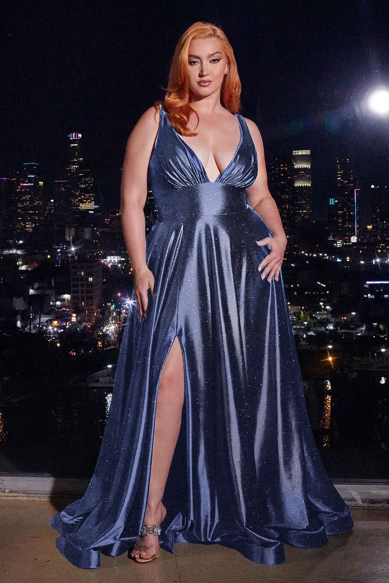 Glitter Satin V-Neck A-Line Gown by Cinderella Divine CC2349C - Curves