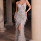 Embellished Feather V-Neckline Leg Slit Gown by Cinderella Divine CC2358 -  Special Occasion