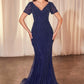 Beaded Tulle V-Neckline Mermaid Gown by Cinderella Divine CC4019 - Special Occasion/Curves