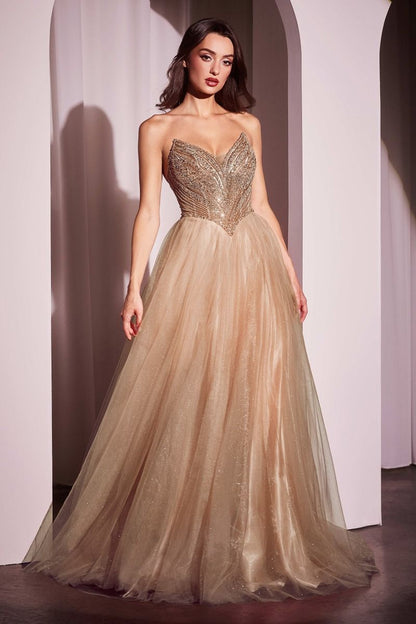 womens gold evening dresses LaDivine CC415 Long A Line Formal Prom Beaded Dress