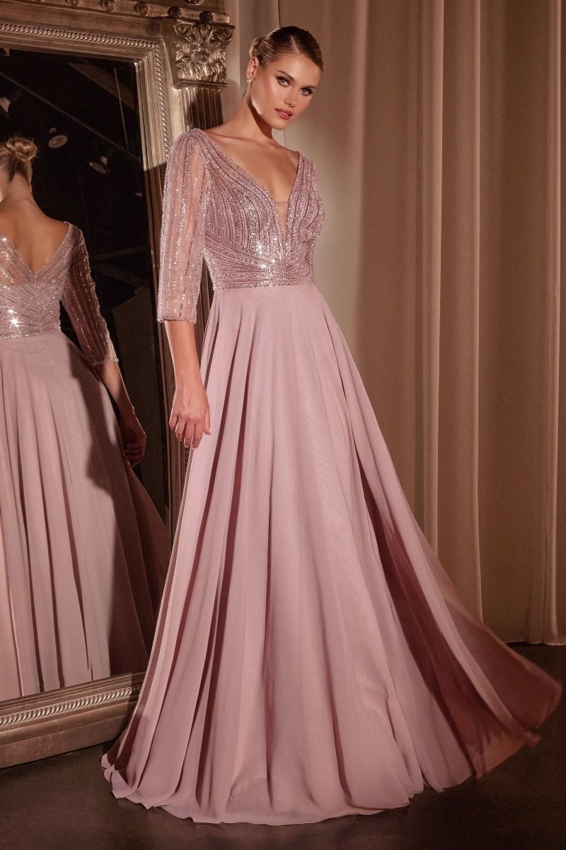 Ladivine CC446 Three Quarter Sleeve Beaded Chiffon Dress, Mauve / 12 Ladivine CC446 Three Quarter Sleeve Beaded Chiffon Dress, Mauve / 12