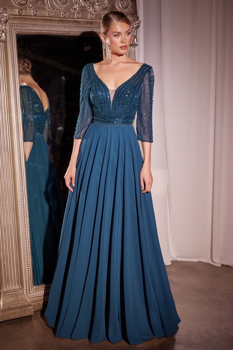 Embellished Chiffon V-Neckline Gown By Ladivine CC446 - Women Evening Ariststyles Embellished Chiffon V-Neckline Gown By Ladivine CC446 - Women Evening Ariststyles
