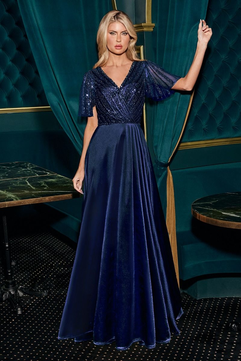Satin V-Neckline A-Line Gown by Cinderella Divine CC447