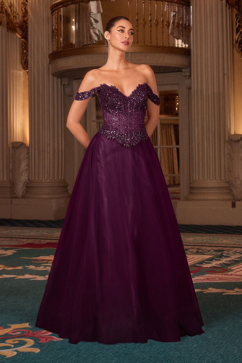Sequin Off Shoulder A-Line Gown By Ladivine CC471 - Women Evening Formal Gown - Special Occasion