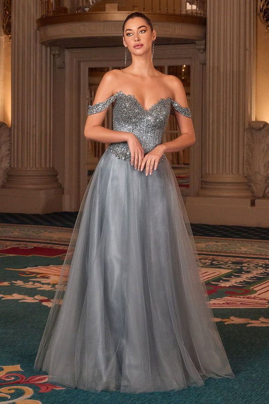 Sequin Off Shoulder A-Line Gown By Ladivine CC471 - Women Evening Formal Gown - Special Occasion
