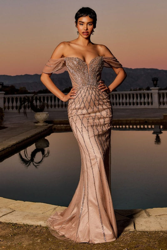 Beaded Off The Shoulder Mermaid Gown By Ladivine CC477 - Women Evening Formal Gown - Special Occasion