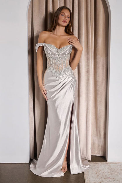Off The Shoulder High Leg Slit Gown By Ladivine CC494 - Women Evening Formal Gown - Special Occasion