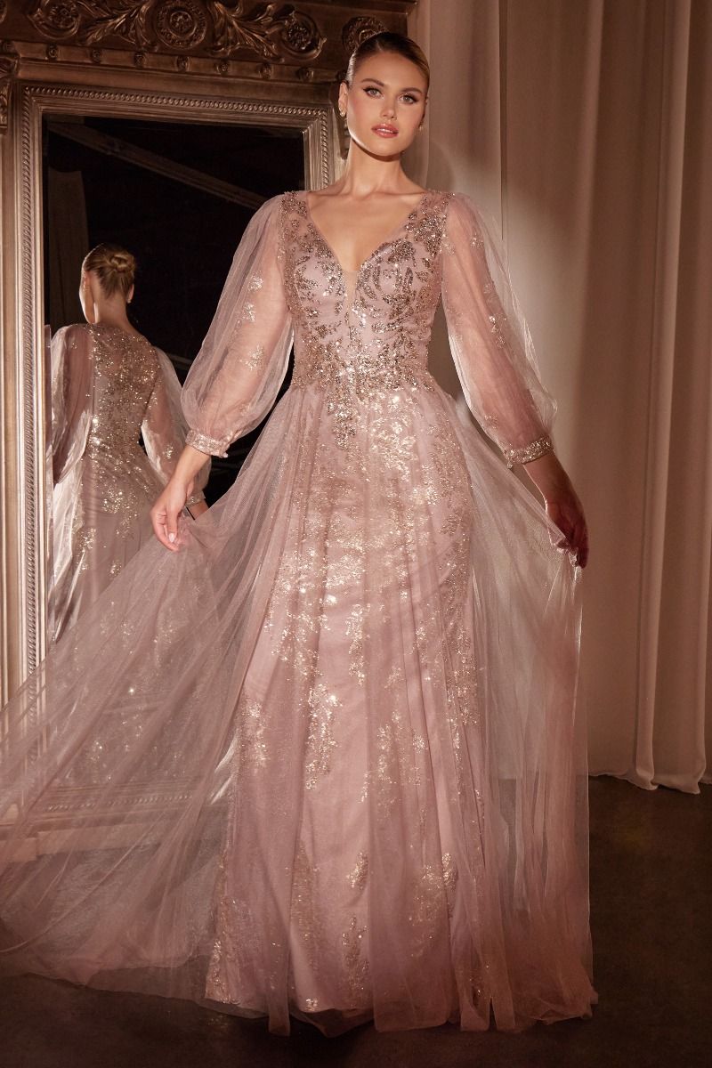 Glitter Long Sleeve Layered Tulle Gown by Cinderella Divine CD0102 - Special Occasion/Curves