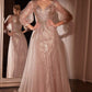 Glitter Long Sleeve Layered Tulle Gown by Cinderella Divine CD0102 - Special Occasion/Curves