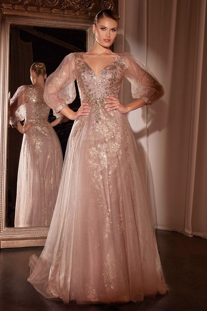 Glitter Long Sleeve Layered Tulle Gown by Cinderella Divine CD0102 - Special Occasion/Curves