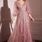 Glitter Long Sleeve Layered Tulle Gown by Cinderella Divine CD0102 - Special Occasion/Curves