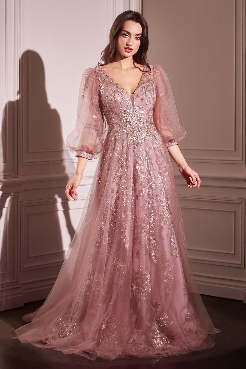 Glitter Long Sleeve Layered Tulle Gown by Cinderella Divine CD0102 - Special Occasion/Curves