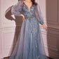 Glitter Long Sleeve Layered Tulle Gown by Cinderella Divine CD0102 - Special Occasion/Curves