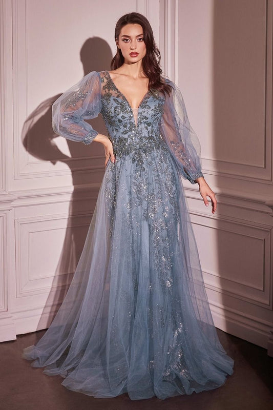 Glitter Long Sleeve Layered Tulle Gown by Cinderella Divine CD0102 - Special Occasion/Curves