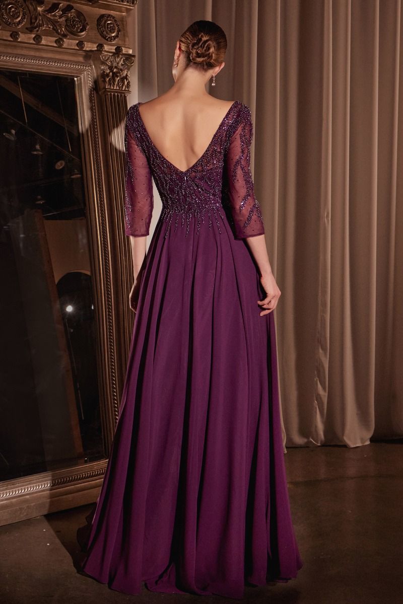 Flowy Chiffon 3/4 Sleeves Beaded Gown by Cinderella Divine - CD0171 - Special Occasion/Curves