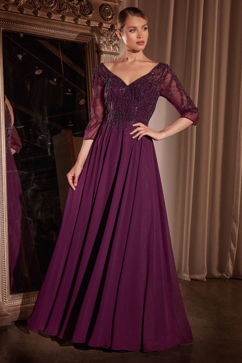 Flowy Chiffon 3/4 Sleeves Beaded Gown by Cinderella Divine - CD0171 - Ariststyles Flowy Chiffon 3/4 Sleeves Beaded Gown by Cinderella Divine - CD0171 - Ariststyles