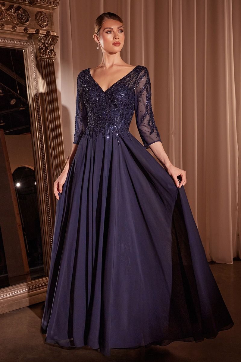 Flowy Chiffon 3/4 Sleeves Beaded Gown by Cinderella Divine - CD0171 - Special Occasion/Curves