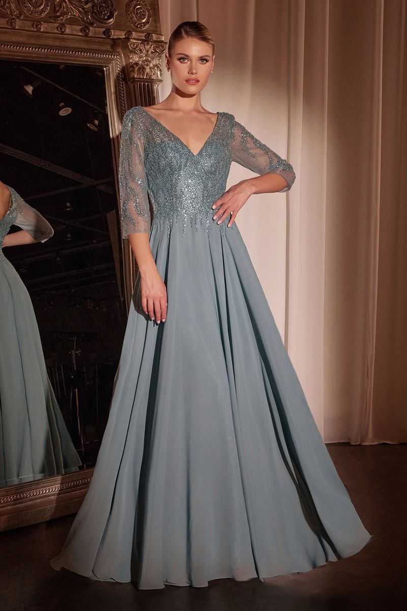 Flowy Chiffon 3/4 Sleeves Beaded Gown by Cinderella Divine - CD0171 - Special Occasion/Curves