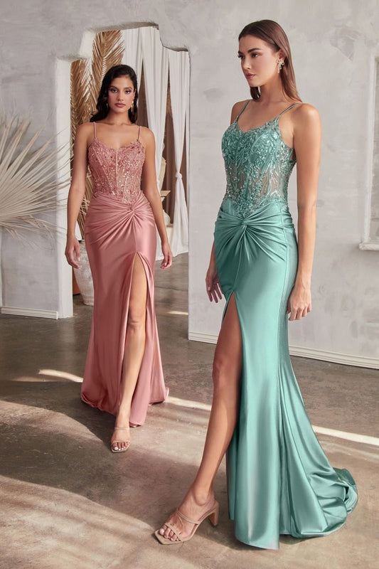 Fitted Satin Mermaid Leg Slit Gown by Cinderella Divine CD0176 - Special Occasion