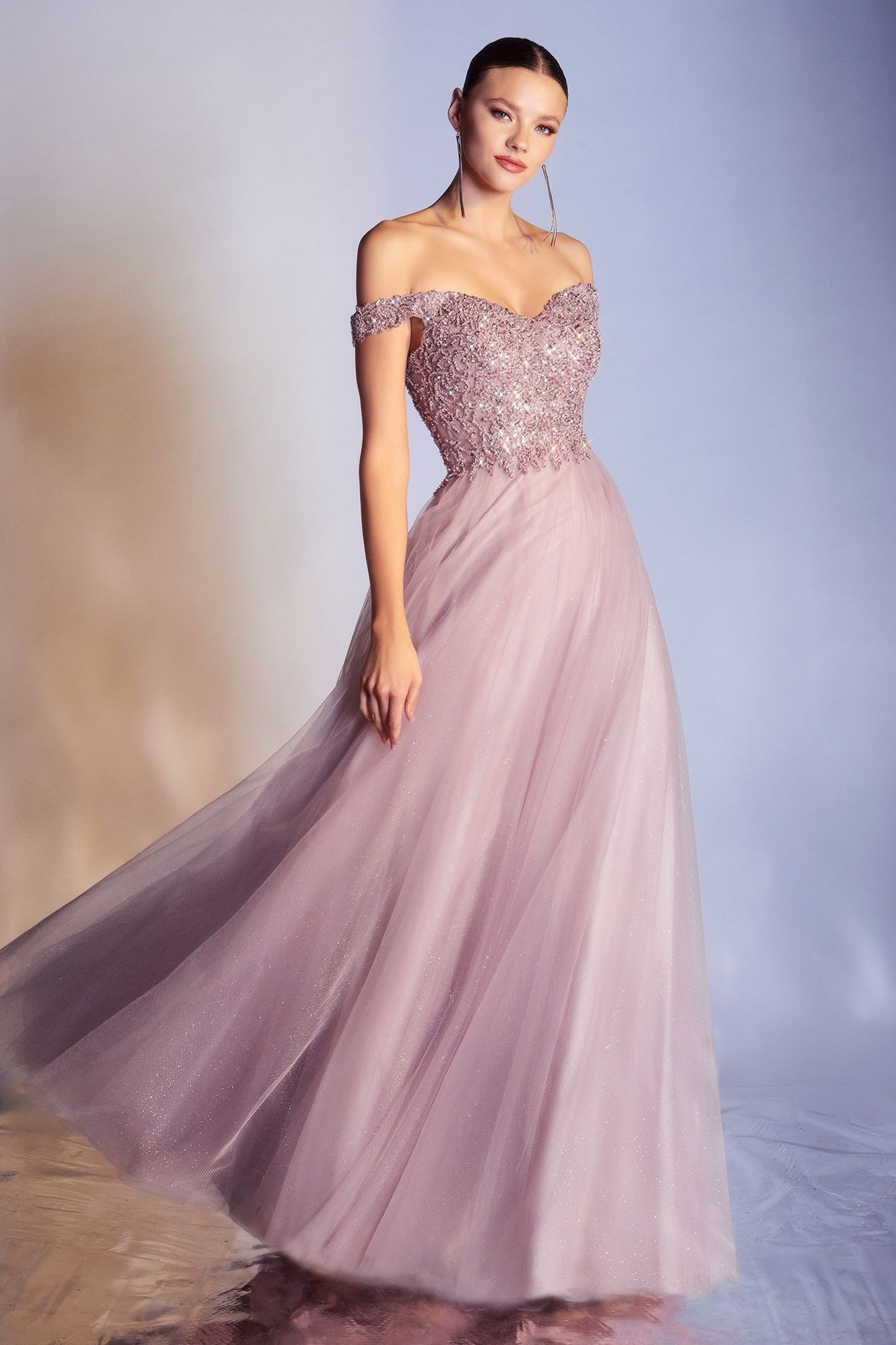 Sequns Lace Bodice and Tulle Off The Shoulder A-Line Dress by Cinderella Divine - CD0177 - Special Occasion