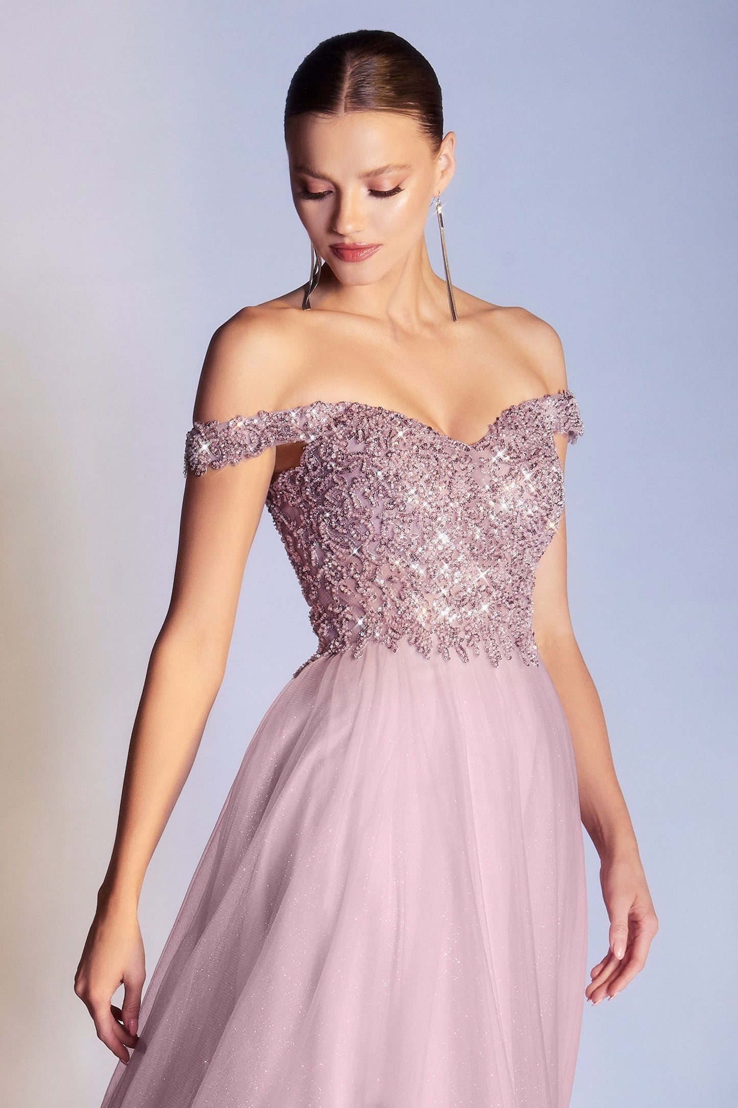 Sequns Lace Bodice and Tulle Off The Shoulder A-Line Dress by Cinderella Divine - CD0177 - Special Occasion