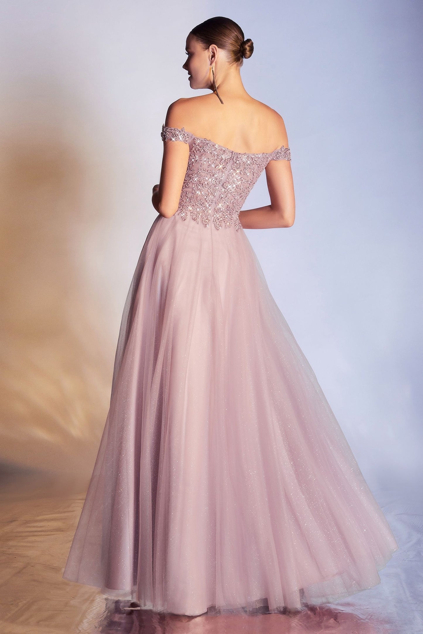 Sequns Lace Bodice and Tulle Off The Shoulder A-Line Dress by Cinderella Divine - CD0177 - Special Occasion