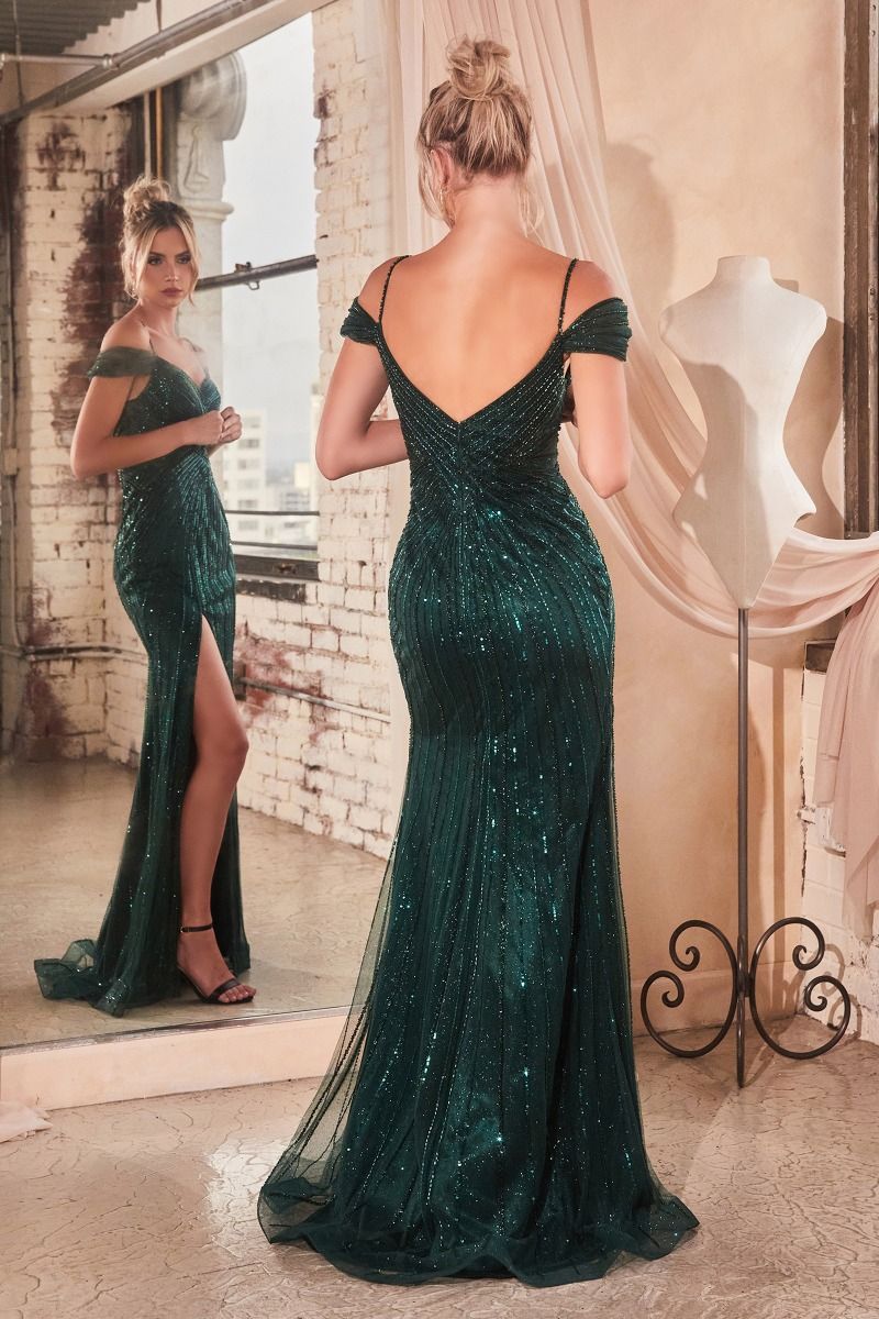 Sequin Off The Shoulder Leg Slit Gown by Cinderella Divine CD0219 - Special Occasion