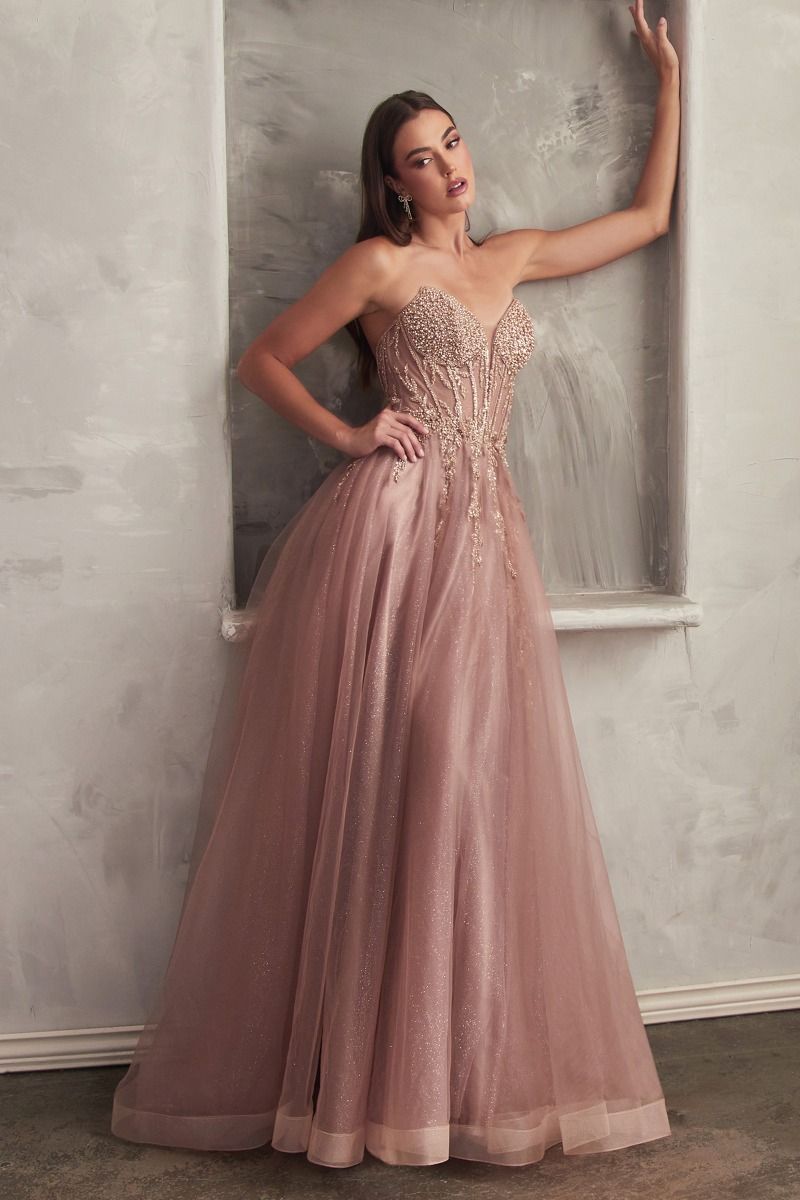 giavana strapless layered midi dress Strapless Layered Tulle Leg Slit Gown by Cinderella Divine CD0230