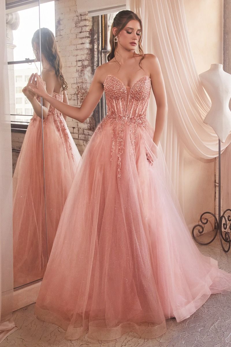 Strapless Layered Tulle Leg Slit Gown by Cinderella Divine CD0230