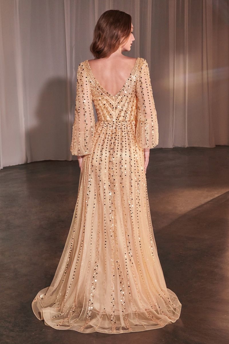 Beaded Long Sleeve A-Line Gown by Cinderella Divine CD0240 - Special O   Ariststyles