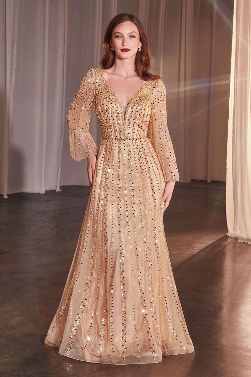 Beaded Long Sleeve A-Line Gown by Cinderella Divine CD0240