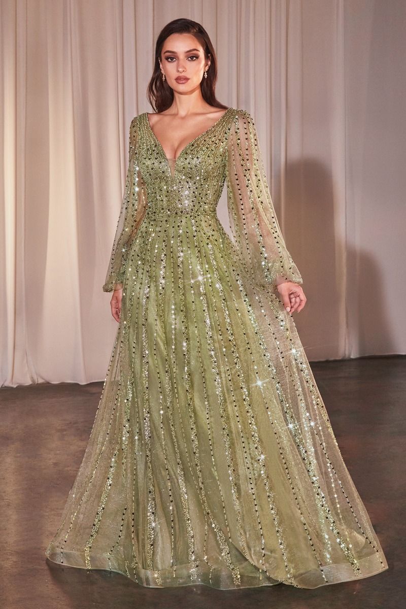 Beaded Long Sleeve A-Line Gown by Cinderella Divine CD0240 - Special Occasion/Curves Greenery / 6 Beaded Long Sleeve A-Line Gown by Cinderella Divine CD0240 - Special Occasion/Curves Greenery / 6