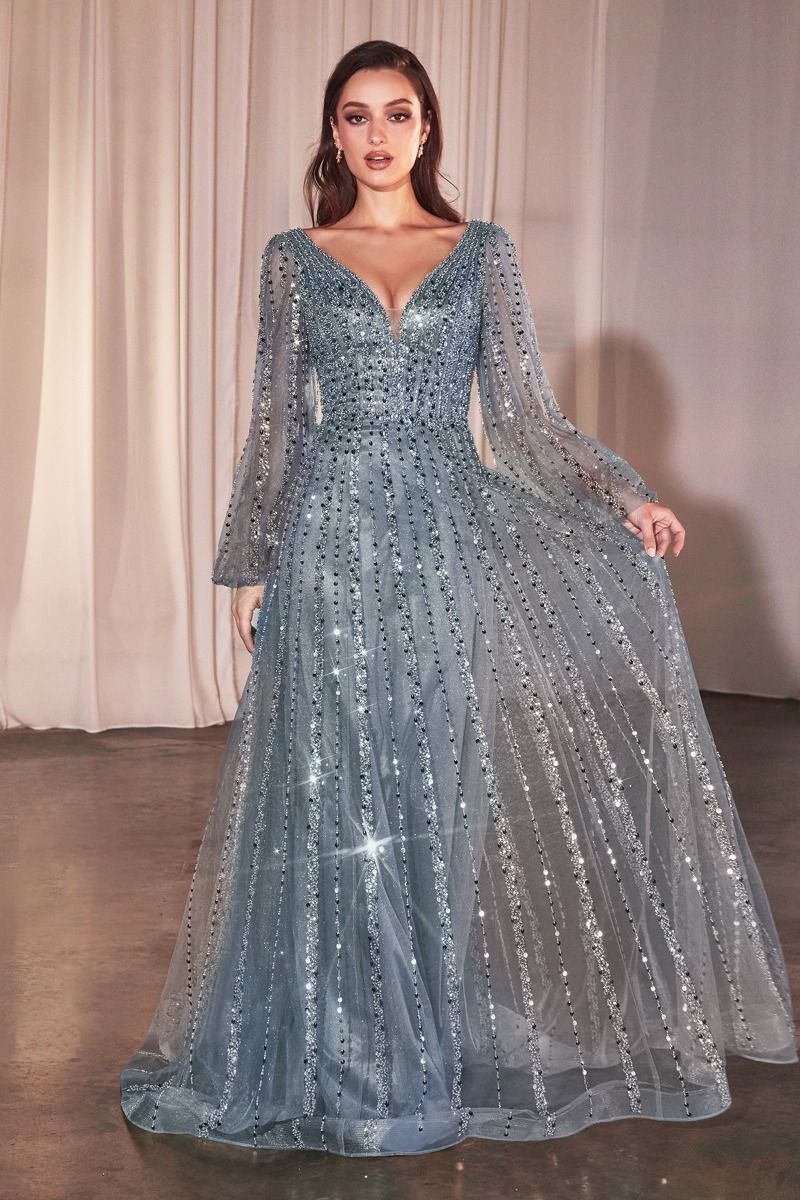 Beaded Long Sleeve A-Line Gown by Cinderella Divine CD0240 - Special O   Ariststyles
